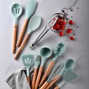 Ver imagem 4 de Kit Utensílios De Cozinha Cabos em Madeira e Silicone 11 Peças + Pote Organizador - Premium - - Verd