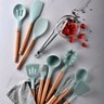 Kit Utensílios De Cozinha Cabos em Madeira e Silicone 11 Peças + Pote Organizador - Premium - - Verd - 4
