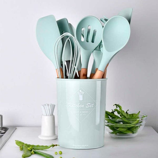 Kit Utensílios De Cozinha Cabos em Madeira e Silicone 11 Peças + Pote Organizador - Premium - - Verd