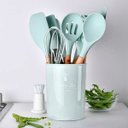 Ver imagem 1 de Kit Utensílios De Cozinha Cabos em Madeira e Silicone 11 Peças + Pote Organizador - Premium - - Verd