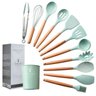 Kit Utensílios De Cozinha Cabos em Madeira e Silicone 11 Peças + Pote Organizador - Premium - - Verd - 8