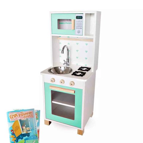 Kit Livro Mini Cozinha Infantil com Pia Fogão e Microondas - Verde Claro