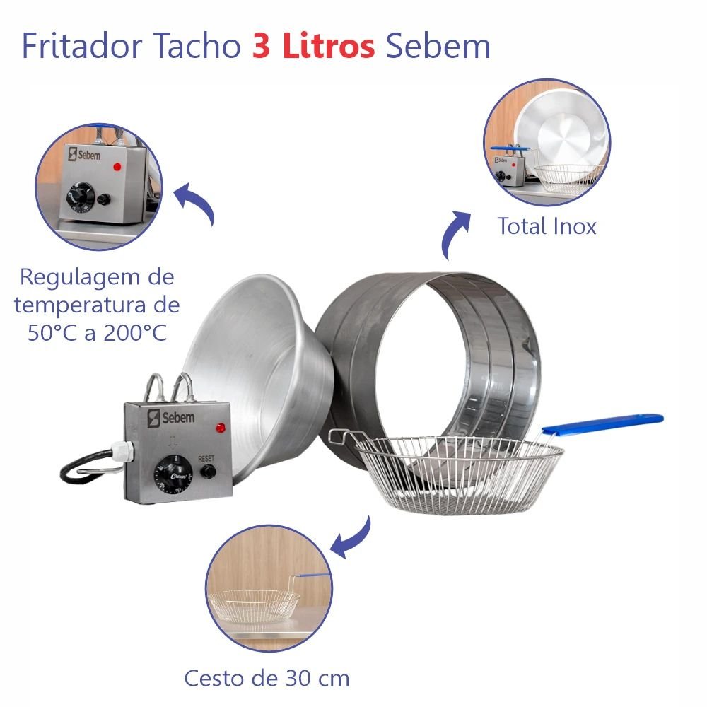 Fritador Tacho Elétrico Industrial Pequeno Pasteleiro Pastel com Peneira/cesto 3 Litros Inox Sebem - 2