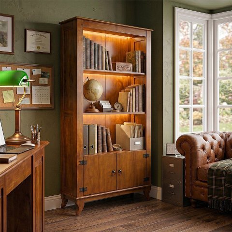 Estante Livreiro para Escritório Madeira Maciça com LED Vintage 2 Portas e Plateleiras Rubi Imperial