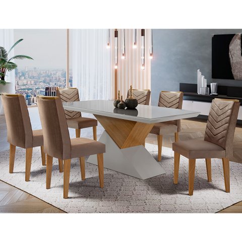 Mesa Aster 180 Tampo em MDF e Vidro com 6 Cadeiras Liz Moderna