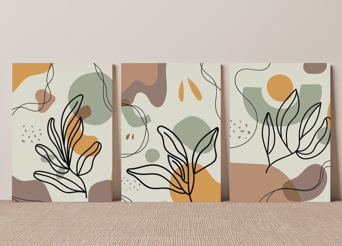 Kit de 3 Quadros Decorativos Boho Abstrato e Floral