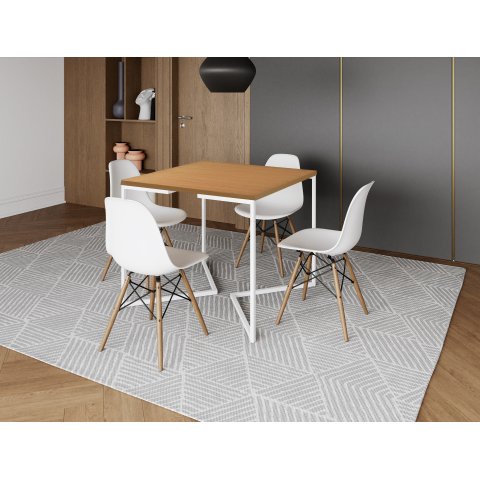 Mesa Industrial Base Ferro Branco em V Tampo 90x90 Canela 4 Cadeiras Eames Madeira Assento Branco