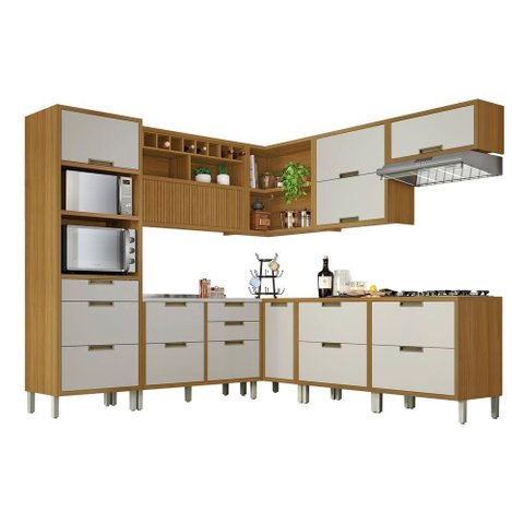 Cozinha 9 Peças Ângulo Torre Quente 100% Mdf Imperatriz Nesher Freijó-off White