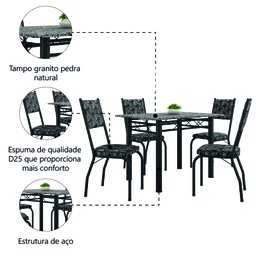 Conjunto Sala de Jantar Mesa Tampo Granito 1,20m com 4 Cadeiras Diana Preto / Mosaico Artefamol - 5