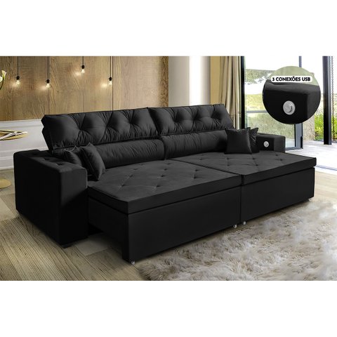 Sofá 3 Lugares Smart Preto Retrátil, Reclinável 2,12 Metros Tecnologia Carregamento 3 portas USB