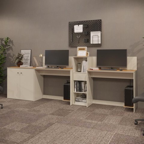 Conjunto de Escritório Noruega 1 Livreiro 1 Buffet e 2 Mesas 90cm - Via Nossa - Off White e Cedro
