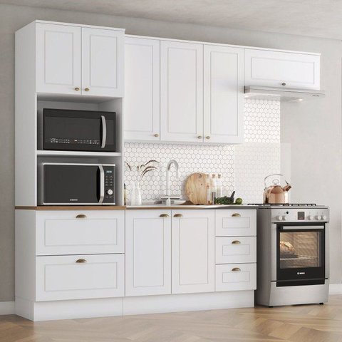 Cozinha Compacta 04 Peças 100% MDF com Torre Quente 02 Fornos Americana Branco/Nature