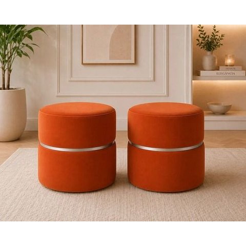 Kit de Puff Cinta no Meio Prata em Tecido Veludo Terracota Veludo- Let Móveis