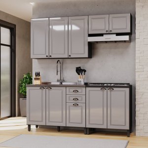 Cozinha Americana Modulada Balcão 120cm para Pia Sem Tampo Balcão 80cm Aéreo 120cm 3 Portas Armário Geladeira Compacta 4 Peças Paris