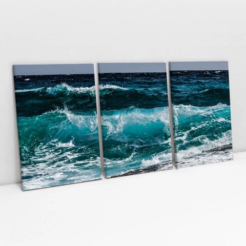 Kit Quadro Decorativo 3 Telas Canvas As Ondas Tacolado Borda Infinita 80 X 120cm