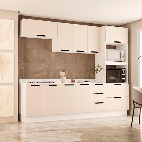 Cozinha Meena 5 Peças Armários Aéreos Torre Quente Balcões c/ Tampo Rodapé Branco/Creme 250073