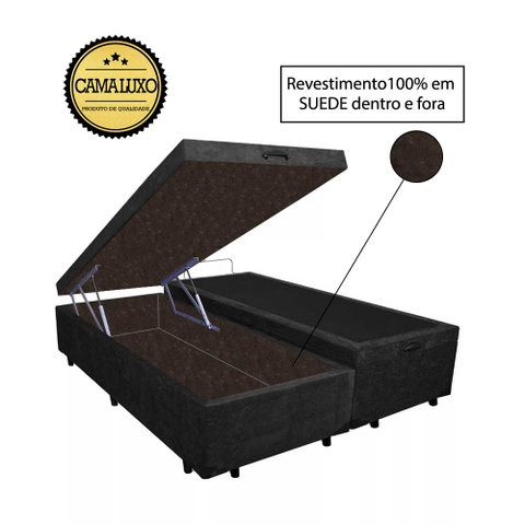 Base Box Baú Casal Luxo Blindado Bipartido NK Camas Suede Preto 41x138x188