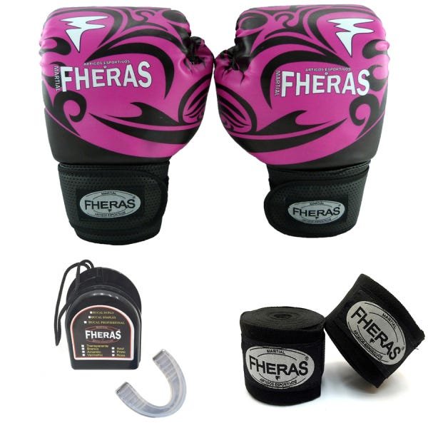 Kit Muay Thai Top Luva Bucal Bandagem 12Oz Tribal Rosa - 1