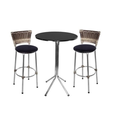 Jogo de Mesa Bistrô Cromado Tampo Preto Redondo 2 Banquetas Junco Capuccino Assento Preto Fortmix