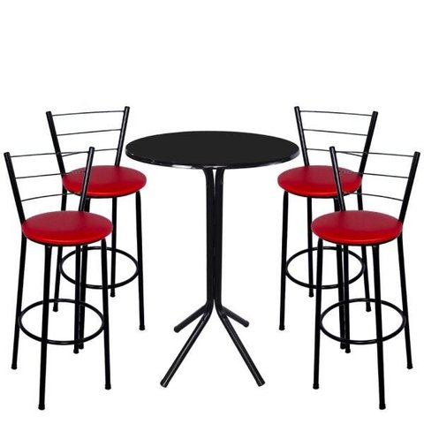 Jogo de Mesa Bistrô Tampo Preto Redondo 4 Banquetas Preta Assento Vermelho Fortmix