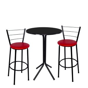 Jogo de Mesa Bistrô Tampo Preto Redondo 2 Banquetas Preta Assento Vermelho Fortmix