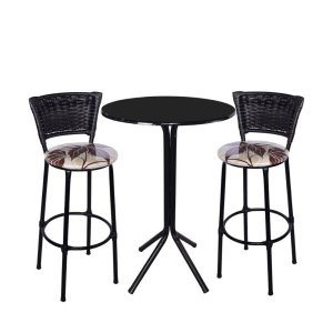 Jogo de Mesa Bistrô Tampo Preto Redondo 2 Banquetas Preta Junco Preto Assento Floral Marrom Fortmix