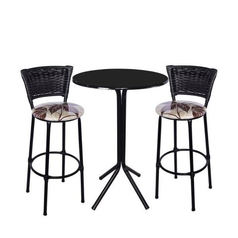 Jogo de Mesa Bistrô Tampo Preto Redondo 2 Banquetas Preta Junco Preto Assento Floral Marrom Fortmix