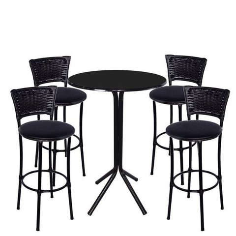 Jogo de Mesa Bistrô Tampo Preto Redondo 4 Banquetas Preta Junco e Assento Preto Fortmix