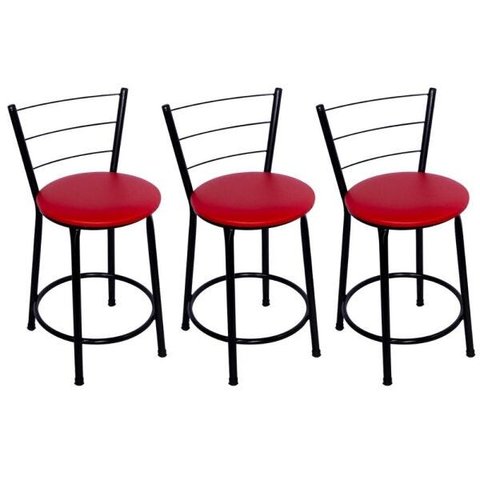 Kit 3 Banquetas Baixa Preta com Assento Vermelho Fortmix