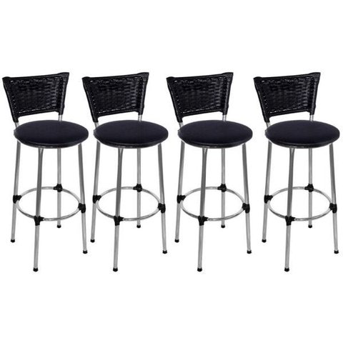 Kit 4 Banquetas Alta Cromada Junco Preto com Assento Preto Fortmix