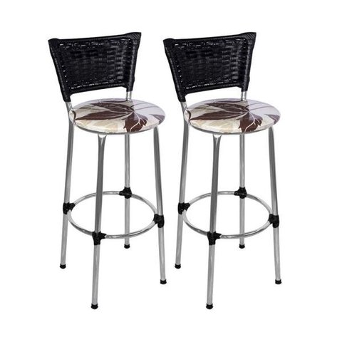 Kit 2 Banquetas Alta Cromada Junco Preto com Assento Floral Marrom Fortmix