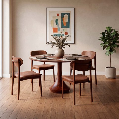 Mesa Redonda Mahal 4 Lugares Base Madeira Maciça Tampo com Lâmina Natural 100 cm Cor Castanho