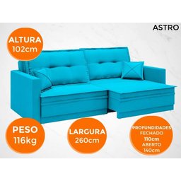 Sofá Astro 2,60M Sem Caixa, Retrátil e Reclinável Velosuede Turquesa - Netsofás - 7