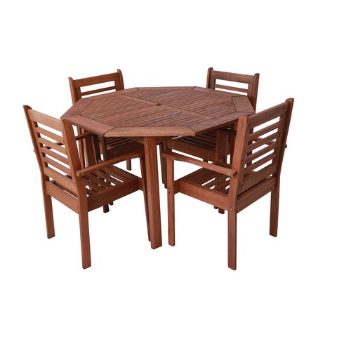 Conjunto Mesa Oitavada com Furo para Ombrelone e 4 Cadeiras Poltronas Madeira Maciça