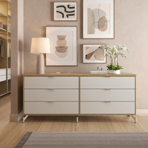 Cômoda 6 Gavetas Pés em Aço Carbono Design Moderno 178cm Glow Carvalho com Off White Fosco