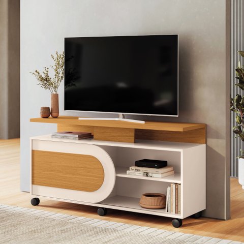 Rack para Sala Bancada 136cm Portas Deslizante e Rodizios Olina Cinamomo/Off White H01- D'Rossi