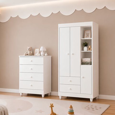 Quarto de Bebê com Guarda Roupa 3 Portas e Cômoda 100% MDF Encanto