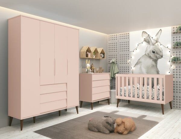 Bebe Ratero Quarto Bebê Noah Retrô Rosa Berço Cômoda Roupeiro - Reller (Completo ...