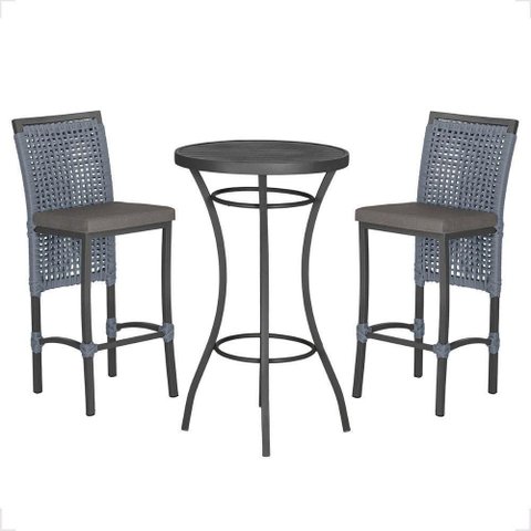 Mesa Bistro e 2 Banquetas Roma Preta Corda Náutica 11 Prata