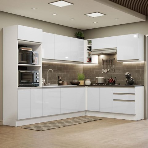 Armário de Cozinha Completa de Canto 100% MDF 479cm Frentes Branco Brilho Acordes Madesa 03