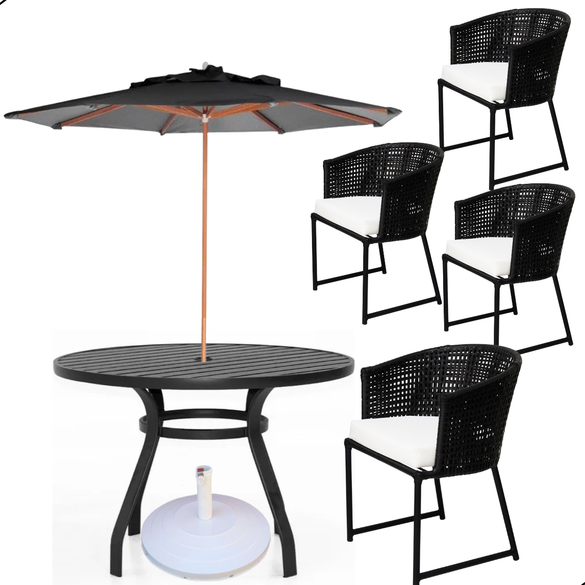 Conjunto com Mesa Ripada + 4 Cadeiras de Jardim e Piscina + Ombrelone com Base