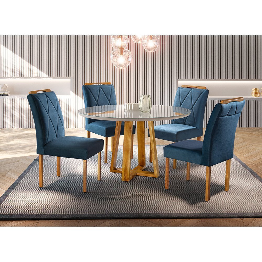 Conjunto Sala de Jantar 4 Lugares Mesa Redonda 1,2m e 4 Cadeiras Azul Turquesa Escuro