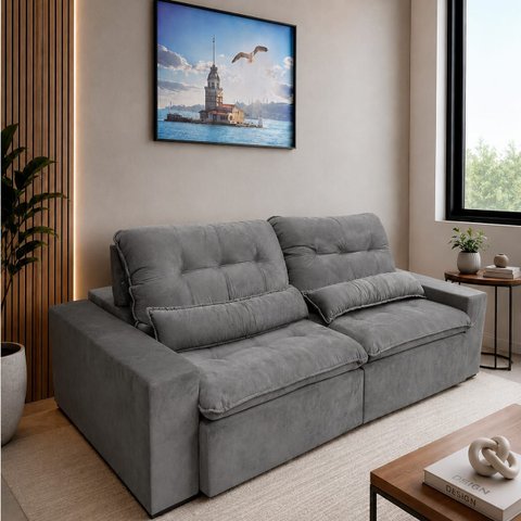 Sofá Retrátil Alto Padrão 2,10m com Molas Ensacadas e Garantia Veludo Cinza Máximo