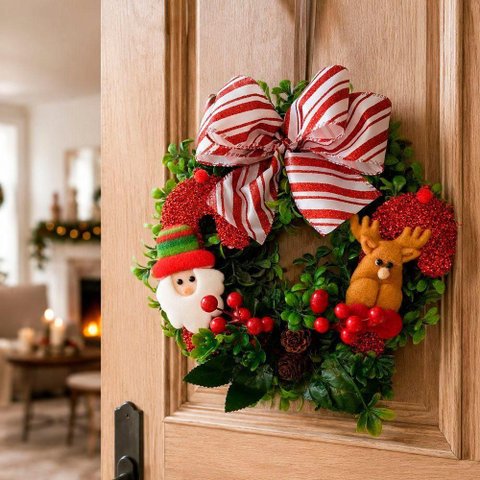 Guirlanda Natalina com Papai Noel e Rena Tema Natalino Vermelho e Verde 25cm