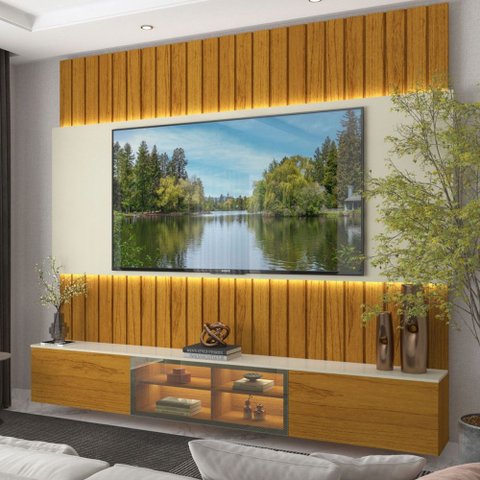 Painel para TV 85 Polegadas Conecta 3 Portas 100% MDF com LED Naturale/Off White - Pnr Móveis