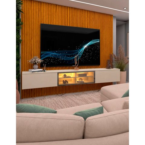 Conjunto Painel Home Modulo Suspenso de Parede TV 85 P Nanda Cor:Off White/Madeira
