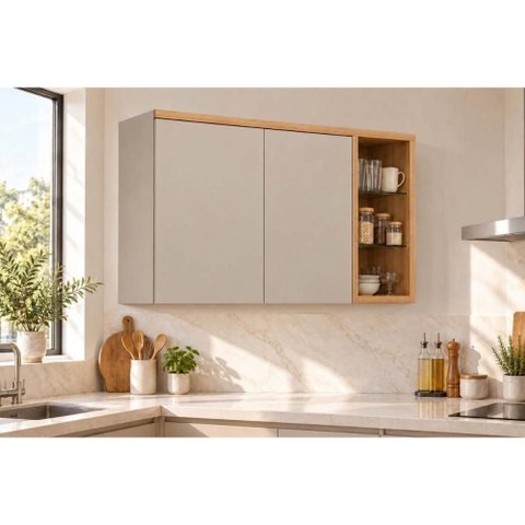 Módulo Cozinha Linea Allure Allure c/2 Potas e Nicho Prat Vidro 120cm Jequitiba/Gris Linea Brasil