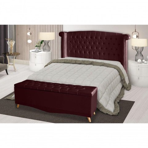 Kit Cabeceira de Cama Box e Calçadeira Baú Malibu Queen 160 Cm Suede Bordo Eli Móveis