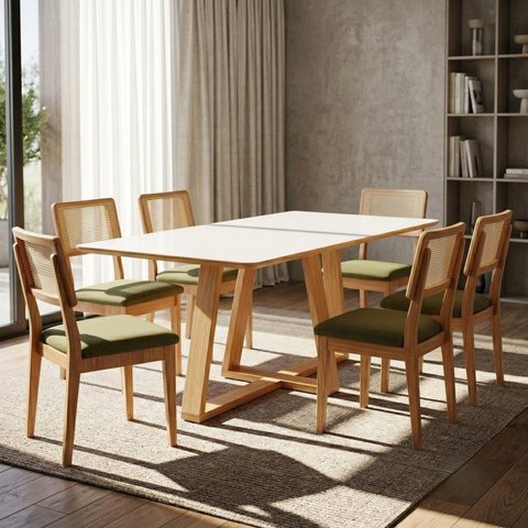 Conjunto para Sala de Jantar Mesa Retangular e 6 Cadeiras Estofadas Encosto Telado 100% MDF Bolonha