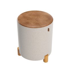 Kit 2 Puff Banqueta Couro e Linho Pés Madeira Maciça 45x34 Linho Bege Couro Marrom - 3